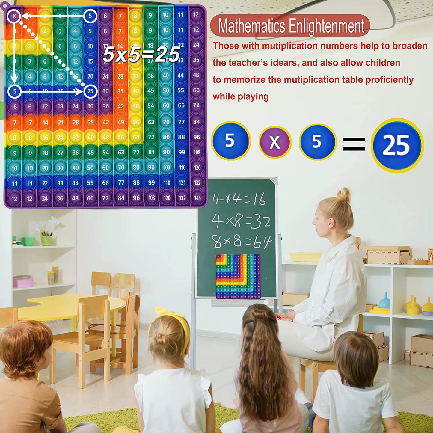 12X12 Multiplication 12+12 Addition Push Its Pop Bubble Fidget Toys, Right Angle Rainbow Educational Teaching Toys